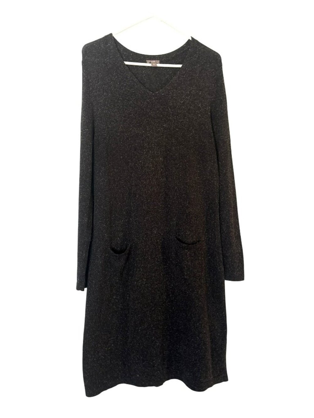 J. Jill Heathered Black Knit Silk Cotton Blend Long Sleeve Dress L